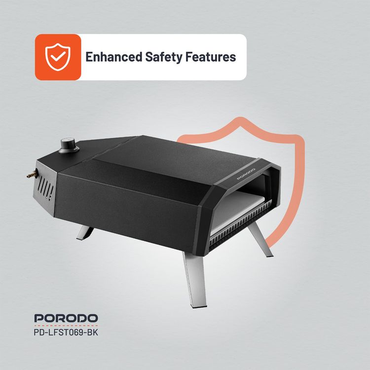 Porodo Lifestyle 12" Pizza Outdoor Oven with Foldable Legs, 60s Cooking Time, 500° C Rapid Heating, Butane & Propane Compatible, 30-45 Minutes Pre-Heat Time, Piezo Ignition - Black