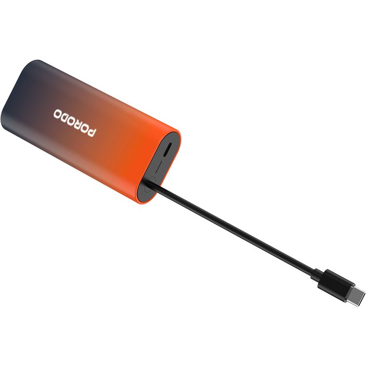 Porodo PB076 10000mAh Power Bank with  Integrated Type-C Cable, PD 20W, Type-C Port, Portable Design, Fast Charge Support - Black