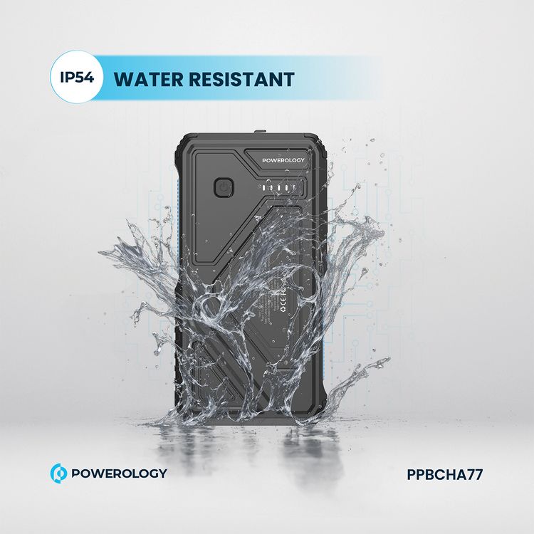 Powerology 27000mAh Solar Wireless Charging Power Bank with Simultaneous Charging, Multi-Mode Flashlight, 0% - 65% Charging in 35 Minutes, 70mm Cable Length - Black