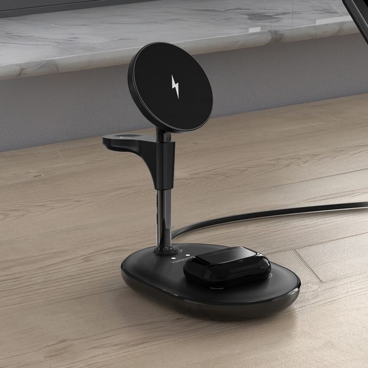 Powerology Floréa 3-in-1 Wireless Charging Stand with 40° Adjustable Viewing Angle, Up to 15W Phone Charging Output, 3W Earbuds Charging Output, 2.5W Watch Charging Output, 1m USB-C Cable, 360° Rotation, Stable Weighted Base, Strong Magnetic Hold - Black