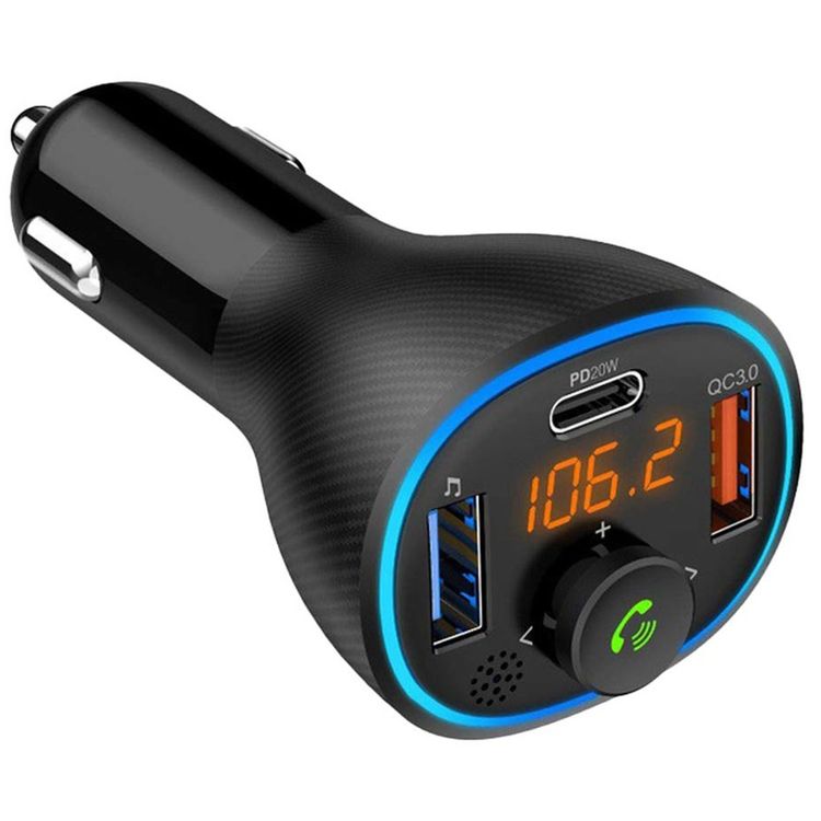 Green Lion Wireless Hands-Free Car Charger with Built-in FM Transmitter, Type-C & USB-A Ports, PD 20W & QC 3.0, Bluetooth Version 5.0, ABS Shell Material, 5m Bluetooth Range, Fast Charging, Buttons Control - Black