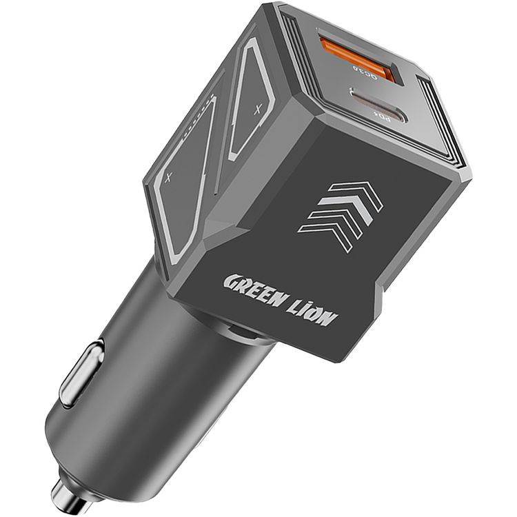 Green Lion Dual Volt Car Charger with Type-C to Type-C Cable, PD 30W, QC 30W, USB-A & USB-C Ports, 60W Total Output, Heat Dissipation, Charging Protection - Gray