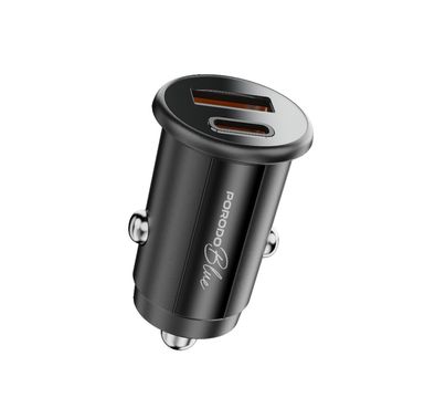 Porodo Blue Dual Port 30W Car Charger with USB-C & USB-A Ports, 15W Shared Output, Polycarbonate Material - Black