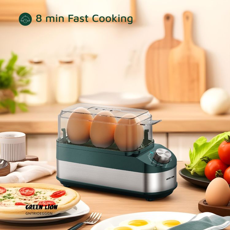 Green Lion Trio Egg Cooker with Auto Shutoff, Rotatory Knob, Non-Stick Coating, BPA-Free Plastic, 210W Rated Power - Green