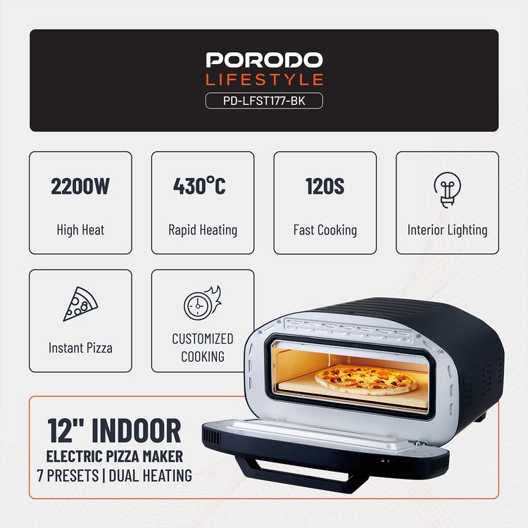Porodo 12" Indoor Electric Pizza Maker with 7 Preset Programs, 80-430°C Temperature Control, 2200W Rated Power, Up to 60 Minutes Timer, Digital Display, Interior Lighting - Black