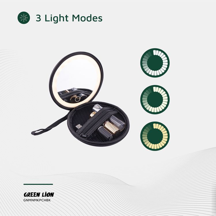 حقيبة مكياج صغيرة من جرين ليون مع منظم مدمج، حتى 4 ساعات عمل، سطوع قابل للتعديل، سعة البطارية 800mAh، 36 خرزة LED، مرآة LED - أسود