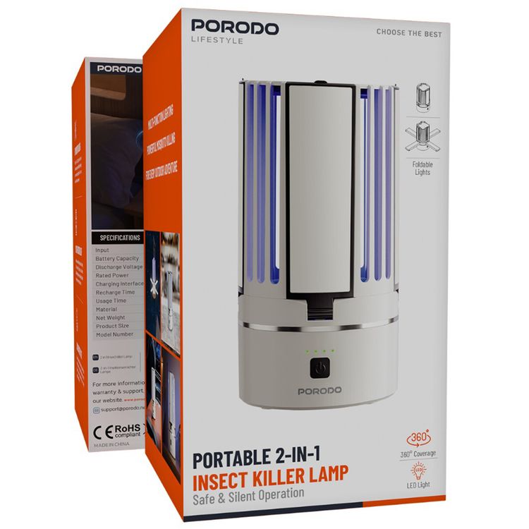 Porodo Lifestyle 2-in-1 Portable Insect Killer Lamp with Safe & Silent Operation, 360° Coverage, Foldable LED Light, ABS Material, Type-C Charging Interface, 5 Hours Recharge Time, 4-16 Hours Usage Time, UV Mosquito Killing - White