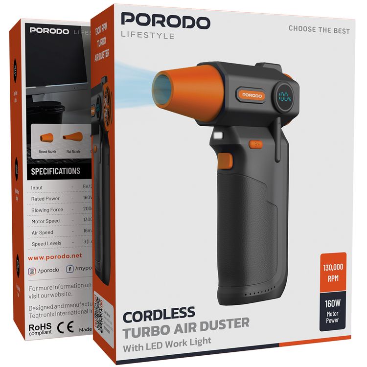 Porodo Cordless Turbo Air Duster with LED Work Light, Three‐Speed Airflow, Digital Battery Display, 160W Motor Power, 130k RPM Turbo Air Duster, Long Standby Mode, 16~26m/s Air Speed, 30Min Working Time - Black
