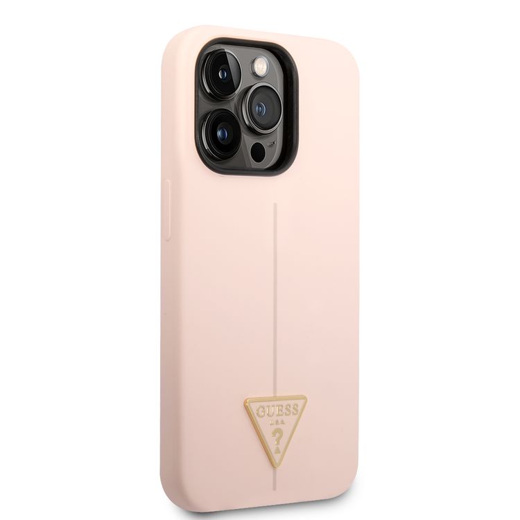 Guess Liquid Silicone Case with Shiny Line & Metal Triangle Tone Logo iPhone 14 Pro Max Compatibility - Pink