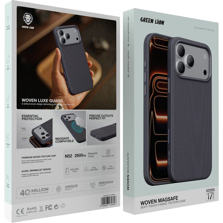 Green Lion WOVEN MagSafe Case for iPhone 17 Pro Max, Anti-Scratch, Drop Protection, Comfortable Grip, Anti-Fingerprint, Essential Protection, Precise Cutouts, Perfect Fit, 350D/280D Fabric - Purple