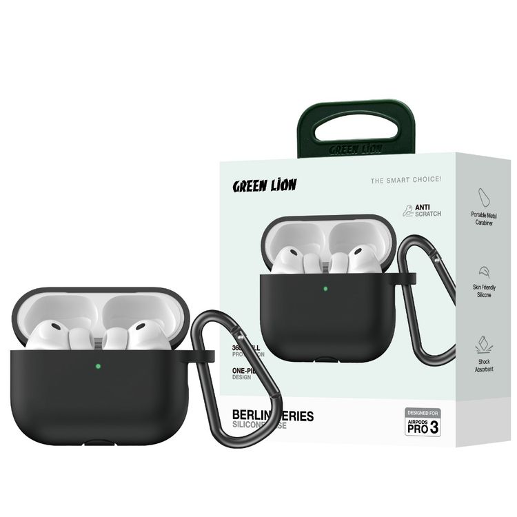 جراب سيليكون سلسلة Green Lion Berlin لأجهزة AirPods Pro 3 مع خطاف معدني محمول، حماية كاملة 360 درجة، ملاءمة سلسة، ملمس صديق للجلد، تصميم قطعة واحدة، مقاوم للخدش، صدمات - أسود