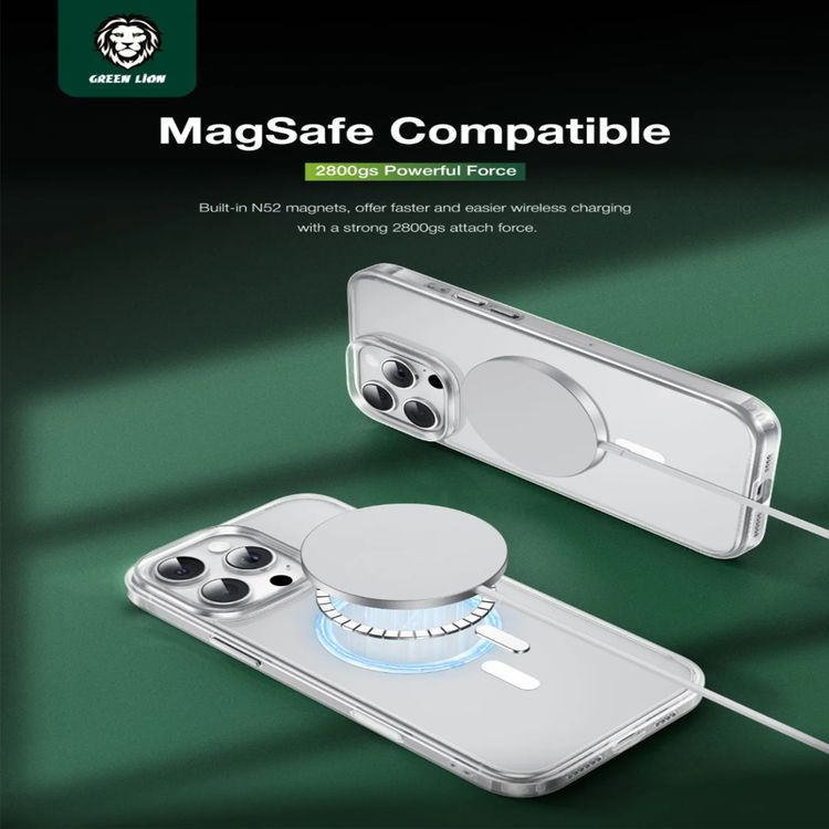 جراب Green Lion Sense Crystal Clear Magsafe، لهاتف iPhone 16، حماية للكاميرا، حماية من السقوط، متوافق مع Magsafe، مغناطيسات قوية، مضاد للخدش، زر استشعار، حافة مرتفعة