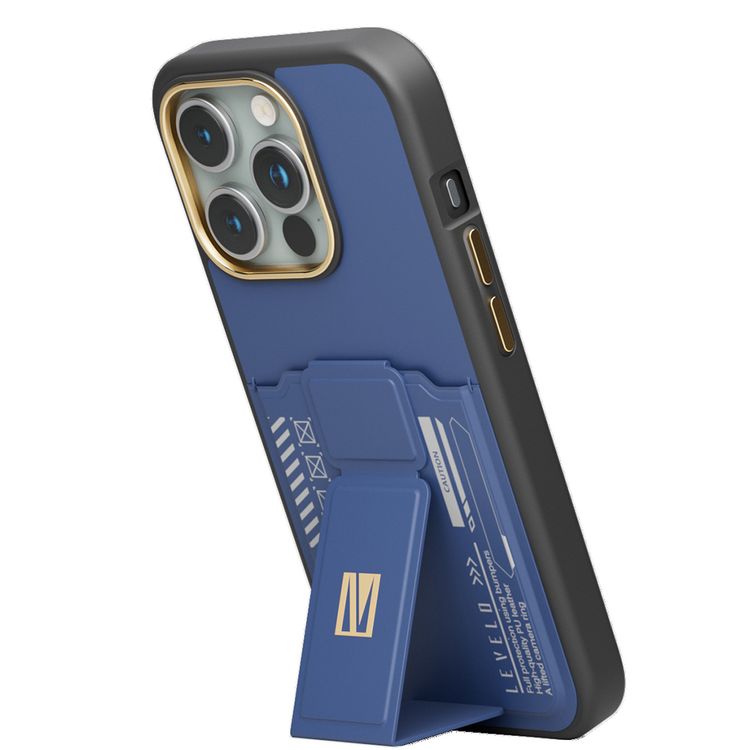 Levelo Morphix Cuero Gripstand Case for iPhone 15 Pro with Cardholder, Multi-Positioning Modes, PU Leather Material, Shock-Proof Edges - Blue