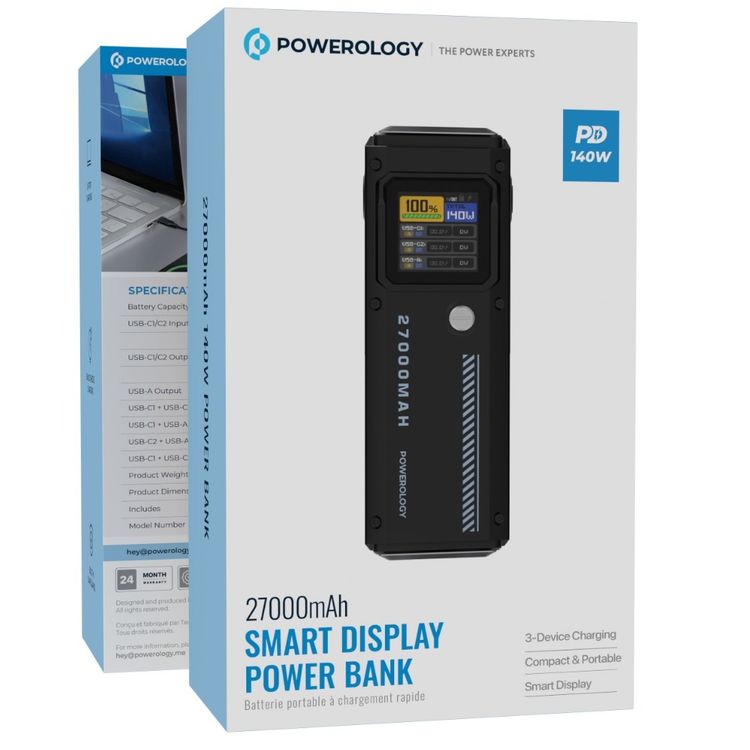 Powerology 27000mAh Smart Display Power Bank with 140W Power Delivery, USB-A & Dual USB-C Ports, 30cm 60W USB-C to USB-C Cable, Simultaneous Charging, Laptop Charging, Built-in Safeguards - Black