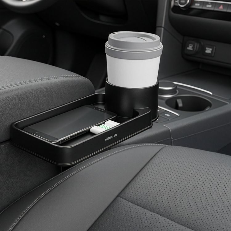 Green Lion Carvox Cup & Storage Organizer with 3-Level Adjustable Insert, Seat-Gap Custom Fit, Cup Holder, Extra Space, Storage Tray, Compatible with Most Car Models, Slide-in Installation - Black