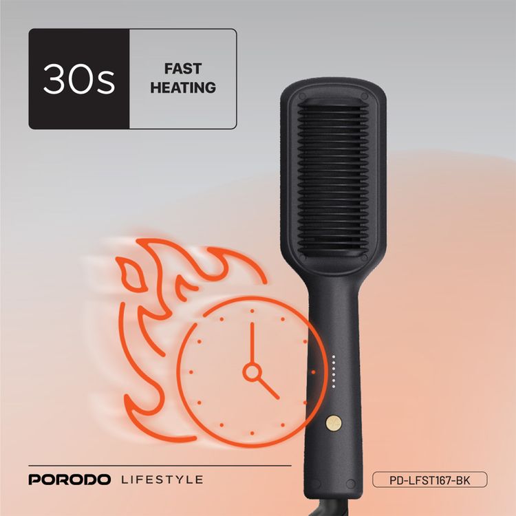 Porodo Lifestyle Electric Heated Hair Straightener Comb with 5 Temperature Settings, 33W Rated Power, 30 Seconds Fast Heating Time, 70% Frizz Reduction, Auto Shut-Off - Black