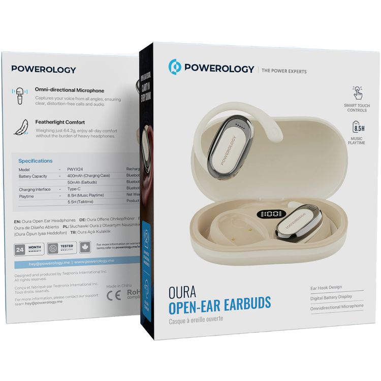 Powerology Oura Open-Ear Headphones with Enhanced Situational Awareness, Up to 8.5 Hours Battery Life, Type-C Charging Port, Bluetooth Version 5.4, 10m Bluetooth Transmission, Omnidirectional Microphone, Immersive Audio, Digital Battery Display, Ergonomic Fit - White
