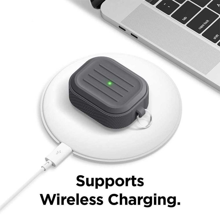 Elago Armor Case with Anti-Lost Carabiner Compatible for AirPods Pro, Dustproof & Absorbing Protective Cover Suitable for Wireless Charging - Dark Grey