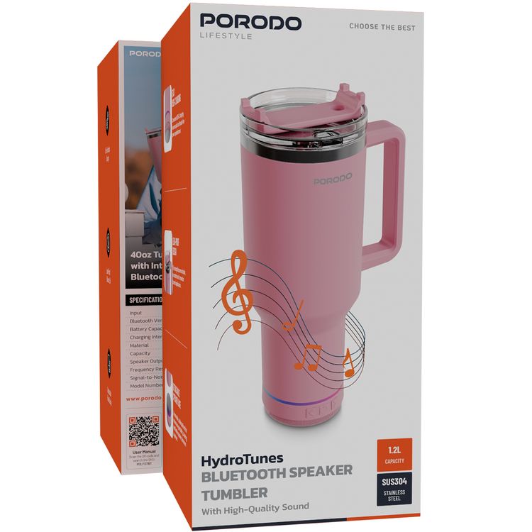 Porodo HydroTunes Tumbler with Detachable Bluetooth Speaker Base, Bluetooth Version 5.3, 300mAh Battery, 1.2L Capacity, USB-C Charging Port, Dual-Function Design, Leakproof Silicone Lid, 3W Speaker Output Power - Pink