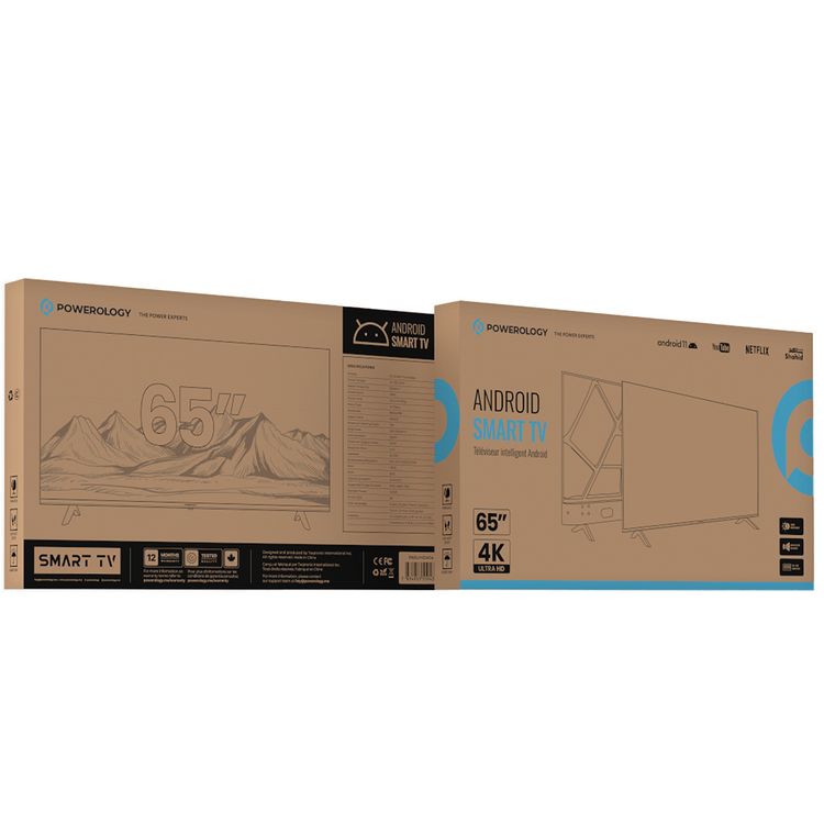 Powerology Android Smart TV 65" with HDR Support, 3 HD Inputs, 1.5GB RAM Memory Size, YouTube, Netflix, & Shahid Support, 4K Ultra HD - Black