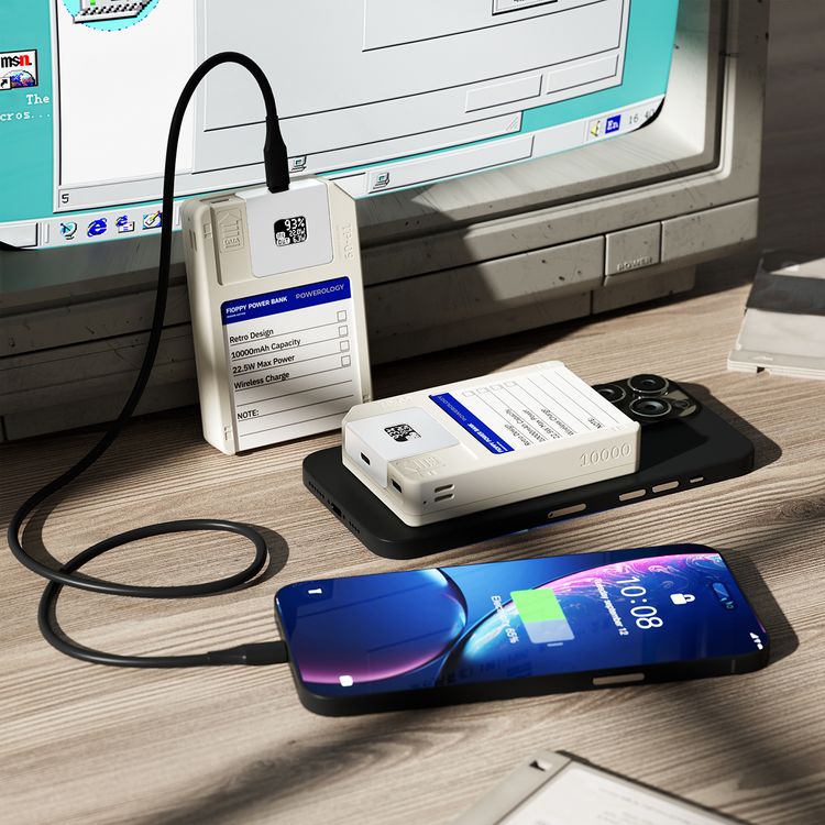 Powerology Floppydisk Retro 10000mAh MagSafe Powerbank with OLED Display Screen, Multi-Protocol Fast Charging, Universal Compatibility, 64GB Storage Capacity, High-Speed Data Storage, Fire-Resistant PC Material - White