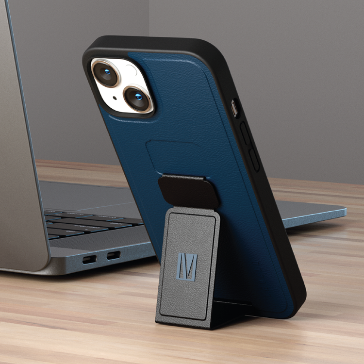 Levelo Morphix Gripstand PU Leather Case for iPhone 14 - Storm Blue