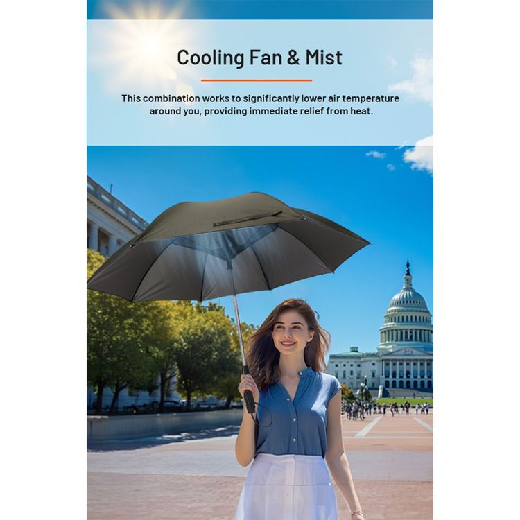 Porodo Lifestyle Cool Mist Umbrella with 2600mAh Battery Capacity, Built-in Fan & Hydrating Mist, Type-C Charging Port, 1 Hour Charging Time, Up to 3 Hours Working Time, UV Protection - Black