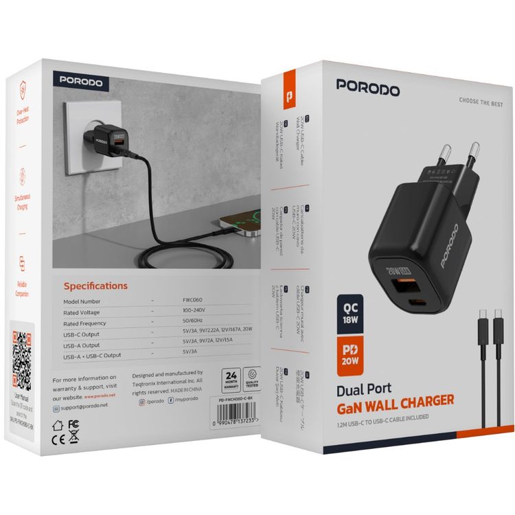 Porodo Dual-Port Wall Charger with Type-C to Type-C Cable Included, 20W Power Delivery, EU Plug, QC 18W, Simultaneous Charging, Overheat Protection, USB-C & USB-A Outputs - Black