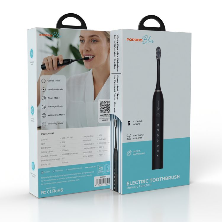 Porodo Blue Electric Toothbrush with Memory Function, 6 Cleaning Modes, 30 Days Battery Life, 500mAh Battery Capacity, 40000 Stroke/Minute Vibration Frequency, Replaceable Heads, Low-Noise Operation - Black
