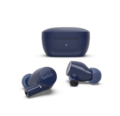 سماعات Belkin Soundform Rise اللاسلكية الحقيقية مع أحجام متعددة لرؤوس الأذن، صوت ستيريو غني، اقتران تلقائي، حقيبة شحن مدمجة وقابلة للتنقل، متوافقة مع المساعدات الصوتية، مقاس السائق 6 ملم - أزرق