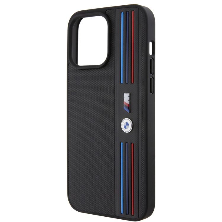 BMW M PU Leather Case with Mesh Tricolor Pattern for iPhone 15 Pro