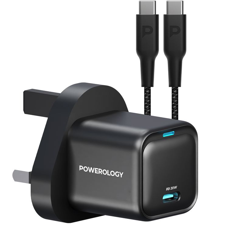 Powerology Ultra-Compact GaN Charger With USB-C to USB-C 60W Cable, 20W Power Delivery, Built-in Safeguard, 1.2m Cable Length - Black