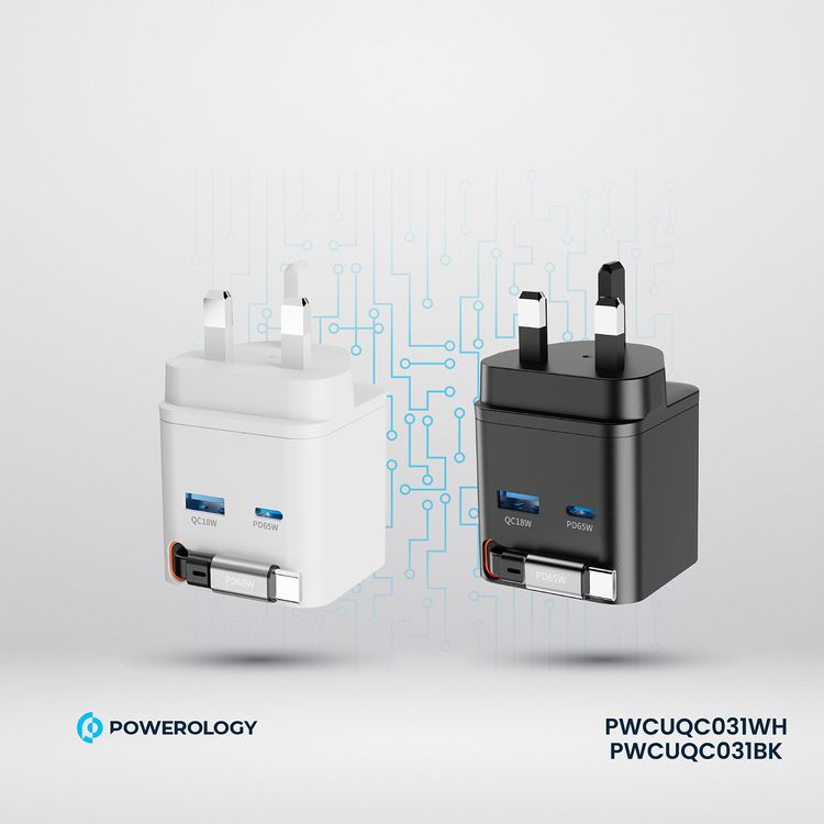 Powerology Dual Port Retractable GaN Charger, Built-in Safeguards, 3-Device Charging, 65W Power Delivery, Fire Proof Material, Patented Design, 75cm Retractable Type-C Cable - White