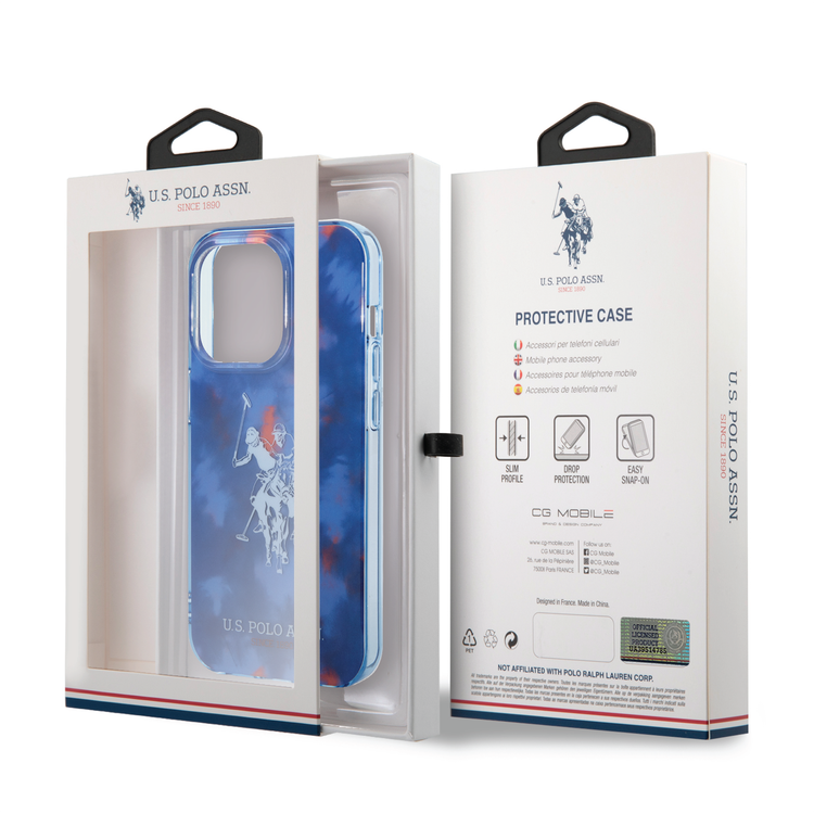 USPA PC/TPU Case with Tie&Dye Design & Horse Logo iPhone 14 Pro Compatibility - Blue
