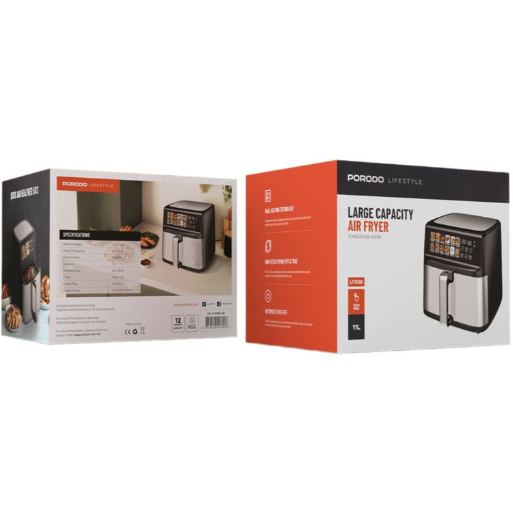 Porodo Lifestyle Dual Mode Air Fryer with Touch Control, 2200W Rated Power, Large Capacity 11L Air Fryer, Automatic Shut-Off, Up to 12 Hours Working Time - Black