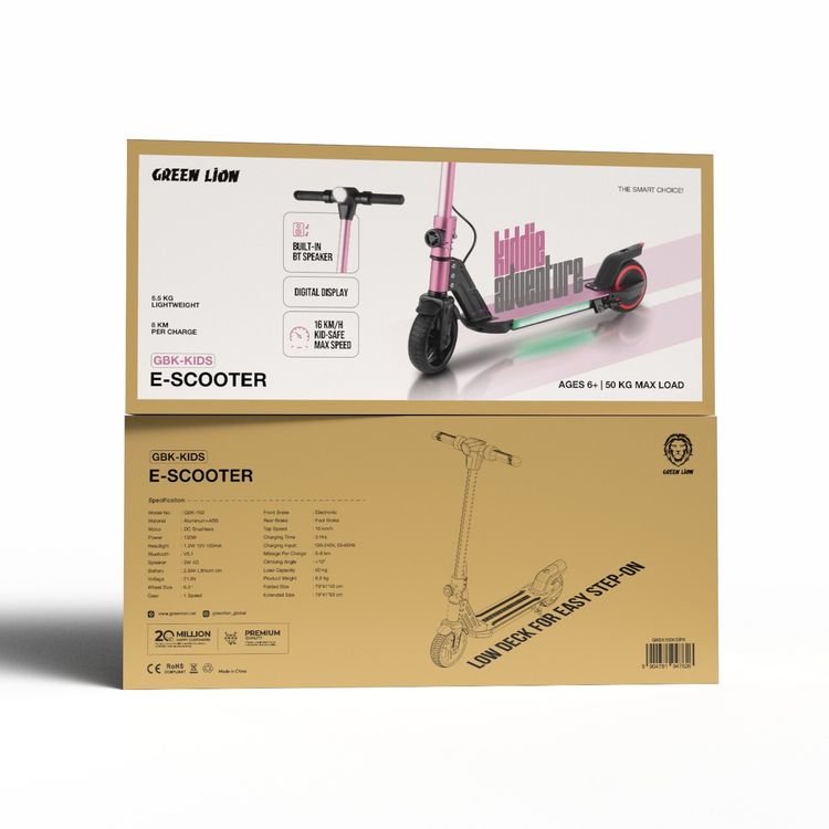 Green Lion GBK-KIDS E-Scooter with 130W Efficient Motor, Powerful Headlight, Dual Brake System, Digital Display, Bulit-in-BT Speaker, 6.3" Safe Solid Tires - Pink