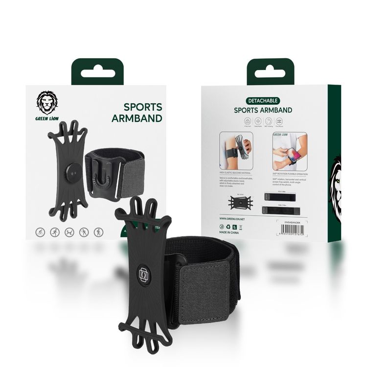 Green Lion Detachable Sports Armband (4" - 6.8") with Adjustable Elastic Band, 360 Degree Rotation Flexible Operation, Comfortable & Breathable to Wear - Black