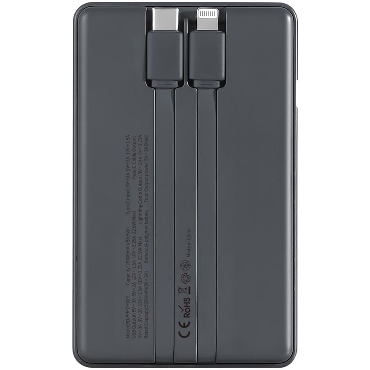 Porodo 10000mAh Power Bank with Built-in Type-C and Lightning Cables, Li-Polymer Battery, Portable, Compact, Type C input, 2 Hours Charging Time, LED Indicator  - Black