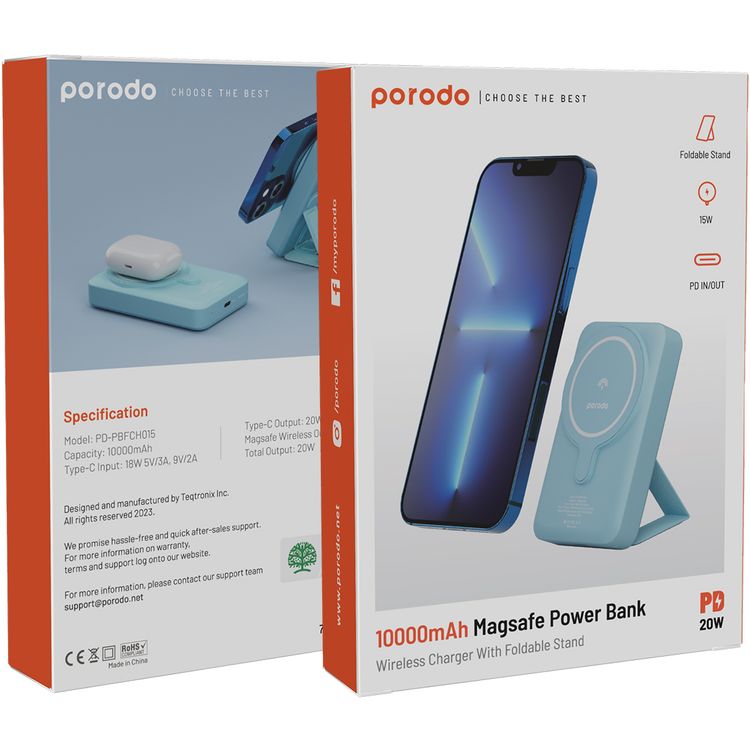 Porodo 10000mAh MagSafe Power Bank with Built-in Foldable Stand, 15W Maximum Wireless Output, 20W Power Delivery, Fast Charging Support, 18W Type-C Input - Blue