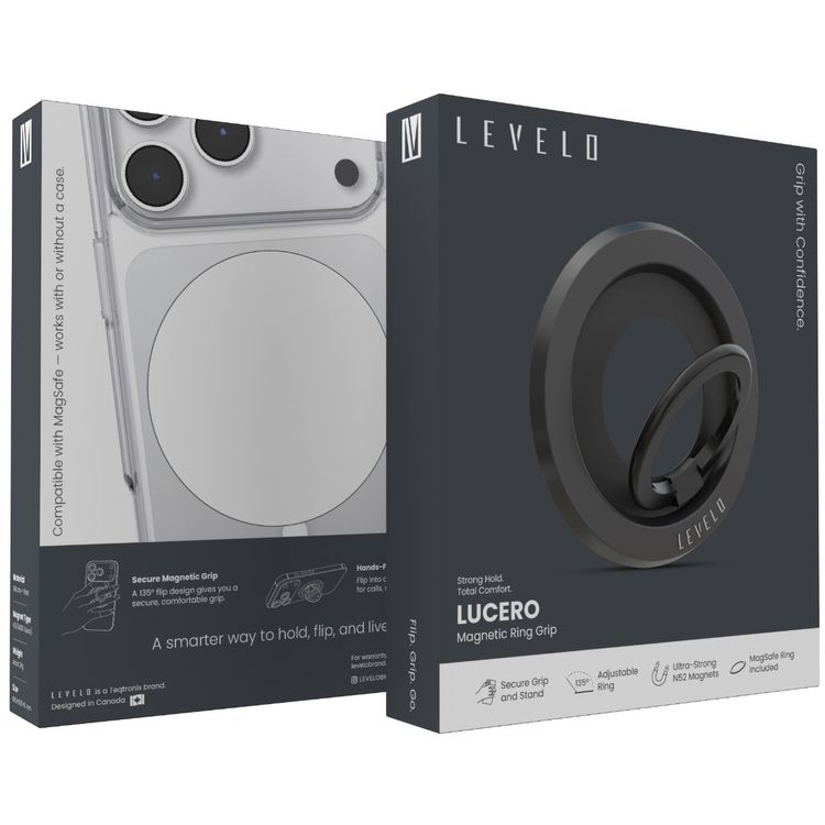Levelo Lucero 2-in-1 Phone Ring Holder with N52 Magnets, Non-Slip Surface, 135° Flip Design, Comfortable Grip, 4000GS Magnetic Force - Black