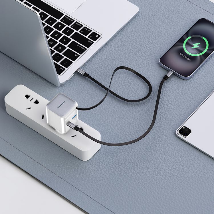 Powerology Dual Port Retractable GaN Charger, Built-in Safeguards, 3-Device Charging, 65W Power Delivery, Fire Proof Material, Patented Design, 75cm Retractable Type-C Cable - White