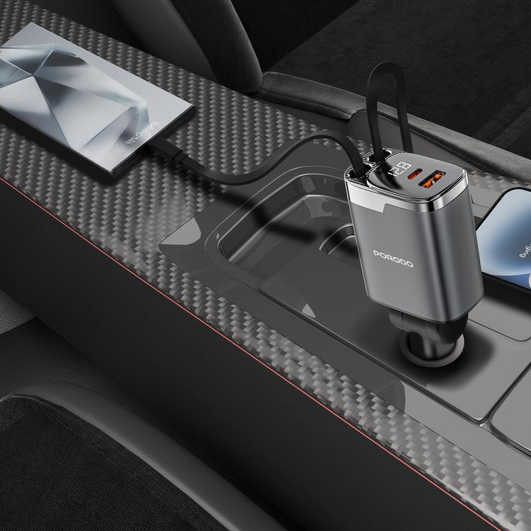 Porodo 45W Car Charger with Foldable Design, LED Voltage Display, 111W Maximum Output, Simultaneous Charging, Fast Charge Support, QC 36W, PD 45W, 80cm Type-C & Lightning Retractable Cables - Black