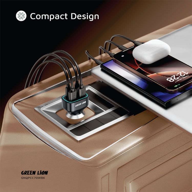 Green Lion Quad Port Car Charger with PD 35W, QC 3.0 35W, 2× USB-A & 2× USB-C Ports, PC Material, Compact Design, Charging Protection, Fast Charge Support - Black