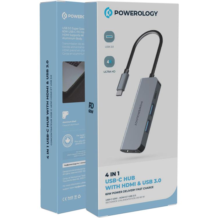Powerology 4-in-1 USB-C Hub with HDMI & USB 3.0, 60W Power Delivery, Fast Charge & Data Transfer, 4K HDMI, 5Gbps Data Transmission, Aluminum Shell - Gray