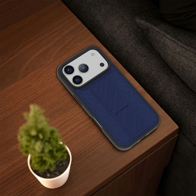 Levelo Morphix Cuero GripStand Case for iPhone 17 Pro Max, Raised Bezels for Camera & Screen, Shock-Resistant Bumper, Secure Hold, Horizontal & Vertical Viewing - Midnight Blue