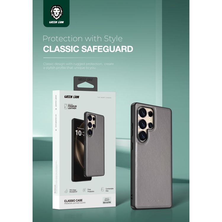 Green Lion Leather Case Samsung Galaxy S25 Ultra, TPU Shockproof Edges, Drop Protection, Comfort Grip, Camera Protection, Precise Cutouts, Anti-Scratch - Titanium