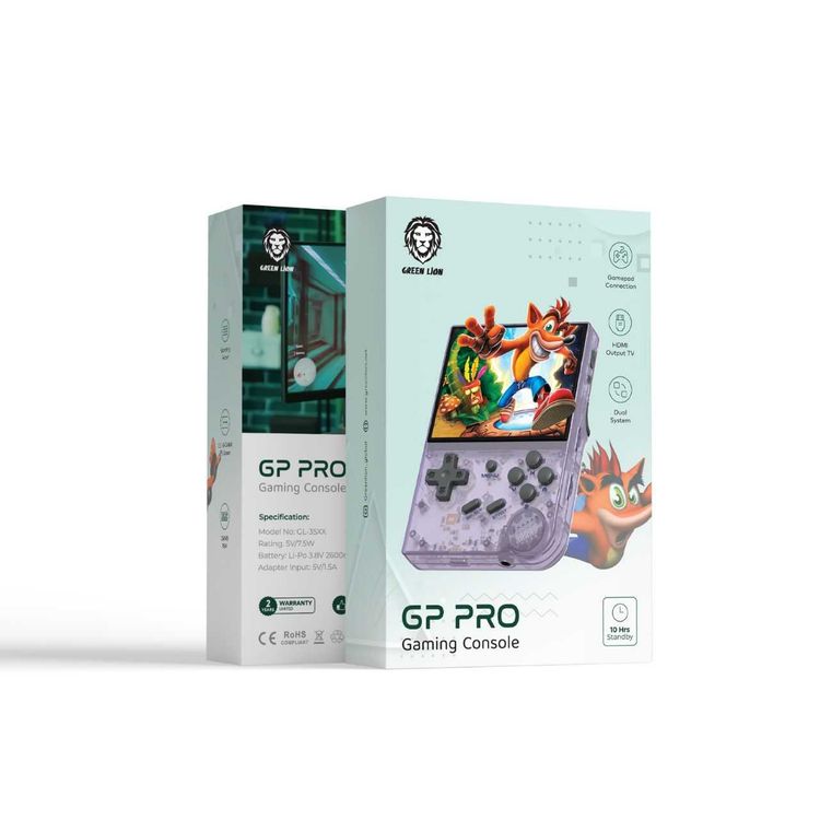 جهاز الألعاب Green Lion GP PRO مع محرك اهتزاز، اتصال بجيمباد، مخرج HDMI للتلفاز، نظام تشغيل لينكس، 7 ساعات عمل، سعة تخزين 64 جيجابايت، دقة 640×480 بكسل، شاشة بحجم 3.5 بوصة - باللون البنفسجي.