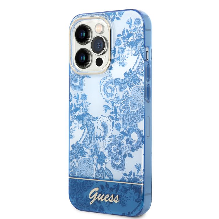 Guess PC/TPU IML Case With Double Layer Electroplated Camera Outline & Toile De Jouy - iPhone 14 Pro Max - Blue