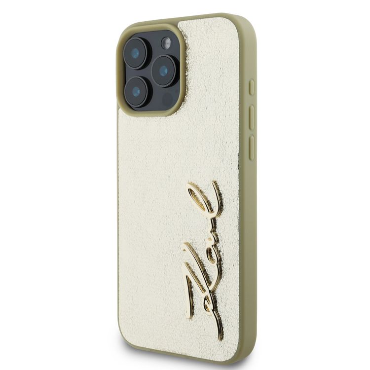Karl Lagerfeld Wrinkled Design PU Hard Case with Metal Signature Logo for iPhone 16 Pro Max, Slim Profile, Comfortable Grip, Drop Protection, Lightweight, Sustainable Packing - Gold 