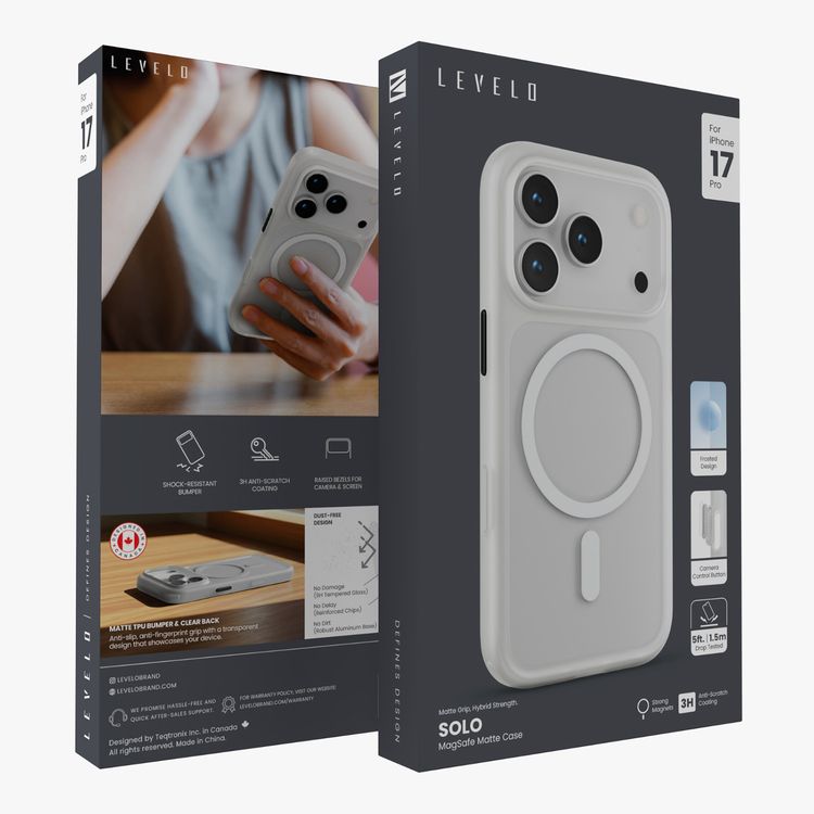 Levelo Solo Matte MagSafe Case for iPhone 17 Pro, 9H Tempered Glass, 3H Anti-Scratch Coating, Raised Bezels for Camera & Screen, Clear Back with Matte TPU Bumper, Anti-Fingerprint, Dust-Free Design - White